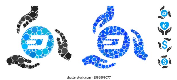 Dash coin care hands composition of small circles in different sizes and color hues, based on Dash coin care hands icon. Vector small circles are united into blue composition.