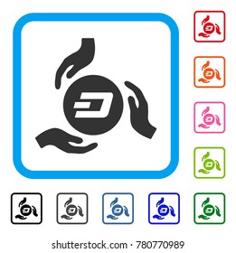 Dash Coin Care Hands icon. Flat grey pictogram symbol in a blue rounded frame. Black, gray, green, blue, red, orange color variants of Dash Coin Care Hands vector.