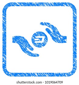 Dash Coin Care Hands rubber seal stamp imitation. Icon vector symbol with grunge design and dirty texture inside rounded squared frame. Scratched blue emblem on a white background.