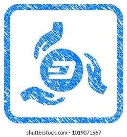 Dash Coin Care Hands rubber seal stamp imitation. Icon vector symbol with grunge design and dust texture in rounded square. Scratched blue sticker on a white background.