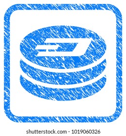 Dash Coin Column rubber seal stamp watermark. Icon vector symbol with grunge design and corrosion texture in rounded square frame. Scratched blue emblem on a white background.