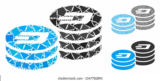 Dash coin columns composition of ragged pieces in different sizes and color tones, based on Dash coin columns icon. Vector ragged parts are grouped into collage.