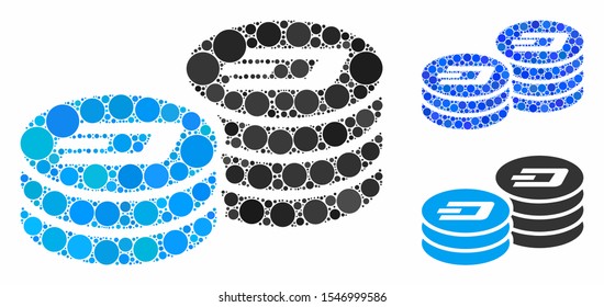 Dash coin columns composition of small circles in various sizes and shades, based on Dash coin columns icon. Vector random circles are united into blue composition.