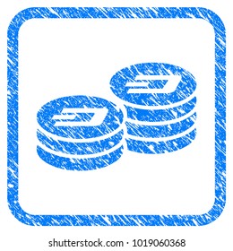 Dash Coin Columns rubber seal stamp imitation. Icon vector symbol with grunge design and dirty texture in rounded square frame. Scratched blue stamp imitation on a white background.