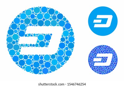 Dash coin composition of round dots in different sizes and shades, based on Dash coin icon. Vector round dots are united into blue collage. Dotted Dash coin icon in usual and blue versions.