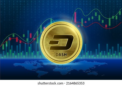 Dash (DASH) coin Cryptocurrency blockchain. List of variou coin symbol is background. Future digital replacement technology alternative currency, Silver golden stock chart. 3D Vector illustration.