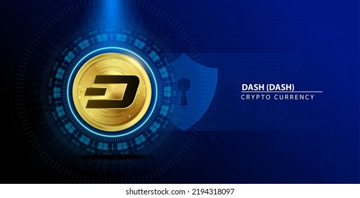 Dash (DASH) coin gold. Cryptocurrency blockchain. Future digital (crypto currency) currency replacement technology concept. On blue background. 3D Vector illustration.