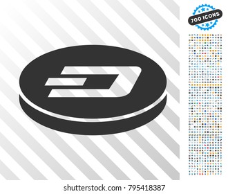 Dash Coin icon with 7 hundred bonus bitcoin mining and blockchain symbols. Vector illustration style is flat iconic symbols designed for crypto-currency websites.