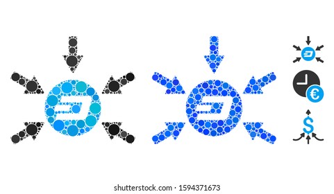 Dash coin income arrows composition of small circles in variable sizes and color hues, based on Dash coin income arrows icon. Vector small circles are organized into blue composition.
