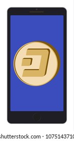 dash coin  on a  phone  screen on white background , cryptocurrency in the phone , symbol and sign of dash , design concept