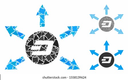 Dash coin payout arrows composition of trembly pieces in various sizes and color hues, based on Dash coin payout arrows icon. Vector irregular pieces are composed into composition.