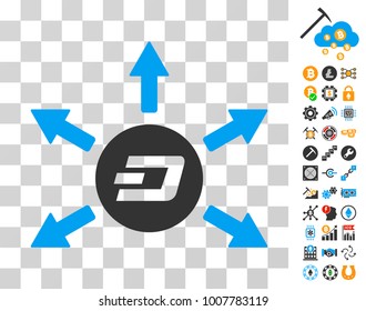 Dash Coin Payout Arrows icon with bonus bitcoin mining and blockchain pictograms. Vector illustration style is flat iconic symbols. Designed for crypto currency software.