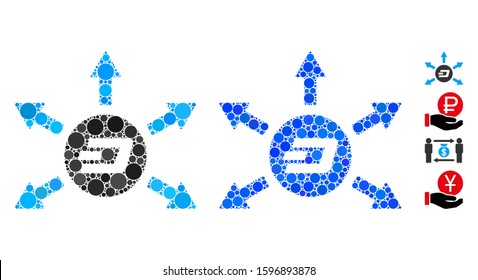 Dash coin payout arrows mosaic of round dots in various sizes and color hues, based on Dash coin payout arrows icon. Vector round dots are grouped into blue composition.