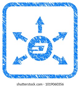 Dash Coin Payout Arrows rubber seal stamp watermark. Icon vector symbol with grunge design and dust texture in rounded rectangle. Scratched blue sticker on a white background.