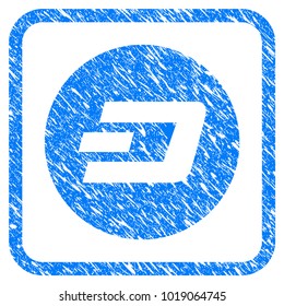 Dash Coin rubber seal stamp watermark. Icon vector symbol with grunge design and corrosion texture in rounded frame. Scratched blue sticker on a white background.