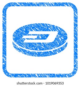 Dash Coin rubber seal stamp imitation. Icon vector symbol with grunge design and dust texture inside rounded frame. Scratched blue stamp imitation on a white background.