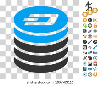 Dash Coin Stack icon with bonus bitcoin mining and blockchain pictures. Vector illustration style is flat iconic symbols. Designed for crypto-currency software.