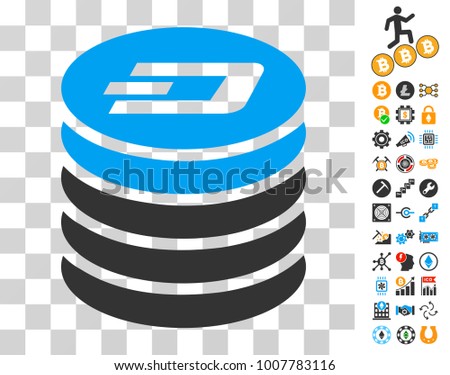 Dash Coin Stack icon with bonus bitcoin mining and blockchain pictures. Vector illustration style is flat iconic symbols. Designed for crypto-currency software.