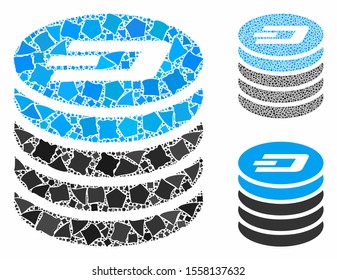 Dash coin stack mosaic of tremulant elements in various sizes and color tones, based on Dash coin stack icon. Vector rugged elements are organized into collage.