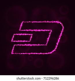 Dash coin vector icon. Dash coin symbol for your web site design, internet, business. Dash coin illustration sign, lights silhouette on dark background. Dash coin glowing lines and points.