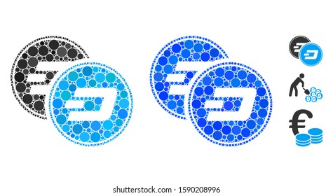 Dash coins mosaic of round dots in variable sizes and color tinges, based on Dash coins icon. Vector round dots are grouped into blue illustration. Dotted Dash coins icon in usual and blue versions.