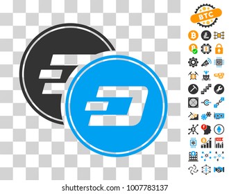 Dash Coins pictograph with bonus bitcoin mining and blockchain design elements. Vector illustration style is flat iconic symbols. Designed for bitcoin websites.