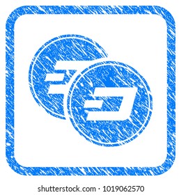 Dash Coins rubber seal stamp imitation. Icon vector symbol with grunge design and corrosion texture inside rounded square frame. Scratched blue sticker on a white background.