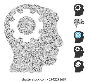 Dash Collage based on brain gear icon. Mosaic vector brain gear is formed with randomized dash spots. Bonus icons are added.