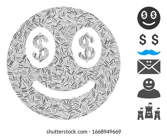 Dash Collage based on businessman smile icon. Mosaic vector businessman smile is composed with scattered dash dots. Bonus icons are added.
