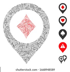 Dash Collage based on casino map pointer icon. Mosaic vector casino map pointer is designed with randomized dash items. Bonus icons are added.