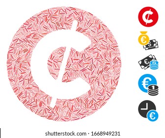 Dash Collage based on cent coin icon. Mosaic vector cent coin is designed with randomized dash elements. Bonus icons are added.