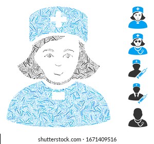Dash Collage based on church female doctor icon. Mosaic vector church female doctor is created with random dash items. Bonus icons are added.
