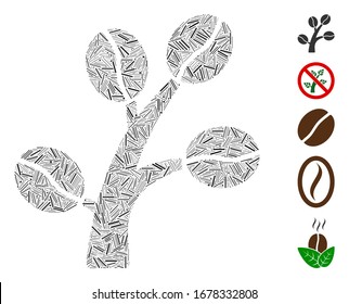 Dash Collage based on coffee tree icon. Mosaic vector coffee tree is created with scattered dash dots. Bonus icons are added.