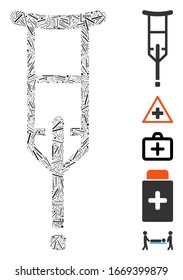 Dash Collage basierend auf dem Krücken-Symbol. Die Mosaik-Vektorillustration ist mit randomisierten Dash-Elementen konzipiert. Bonussymbole werden hinzugefügt.