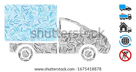 Dash Collage based on deliver icon. Mosaic vector deliver is formed with random dash spots. Bonus icons are added.