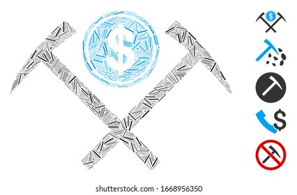 Dash Collage based on dollar mining hammers icon. Mosaic vector dollar mining hammers is formed with randomized dash dots. Bonus icons are added.