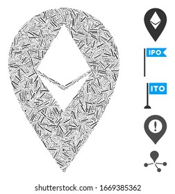 Dash Collage based on Ethereum marker icon. Mosaic vector Ethereum marker is designed with scattered dash items. Bonus icons are added.