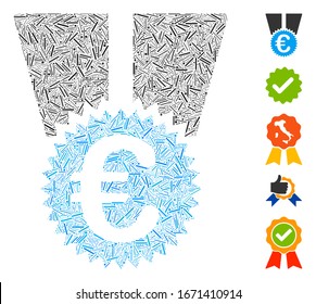 Dash Collage based on Euro medal icon. Mosaic vector Euro medal is created with random dash elements. Bonus icons are added.