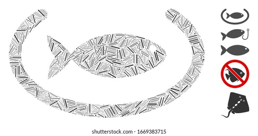 Dash Collage based on fish container ring icon. Mosaic vector fish container ring is formed with randomized dash items. Bonus icons are added.