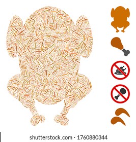 Dash Collage based on fried chicken icon. Mosaic vector fried chicken is designed with scattered dash dots. Bonus icons are added.