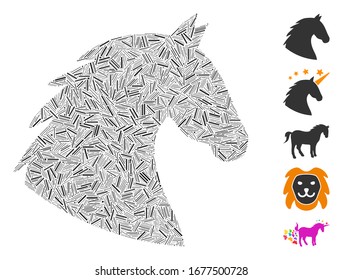 Collage de guiones basado en el icono de cabeza de caballo. La cabeza de caballo vectorial mosaico está diseñada con elementos de guión aleatorizados. Se agregan iconos de bonificación.