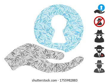 Dash Collage basierend auf dem Insider Hand Symbol. Mosaike Vektorinsider-Hand wird mit verstreuten Dash-Elementen erstellt. Bonussymbole werden hinzugefügt.
