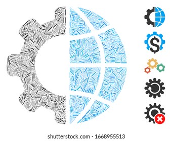 Dash Collage auf der Grundlage der internationalen Herstellung Symbol. Mosaike Vektorillustration internationale Herstellung ist mit verstreuten Dash-Artikeln konzipiert. Bonussymbole werden hinzugefügt.