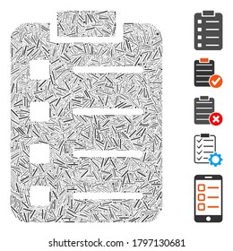Dash Collage based on list pad icon. Mosaic vector list pad is formed with random dash elements. Bonus icons are added.