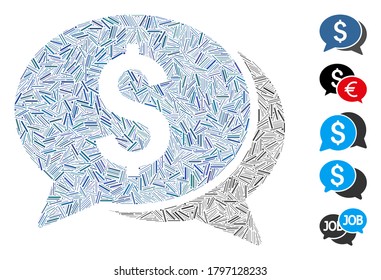 Collage de Dash basado en el icono de chat de dinero. El chat del dinero del vector mosaico se crea con puntos de guiones dispersos. Se agregan iconos de bonificación.