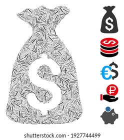 Dash Collage based on money bag icon. Mosaic vector money bag is created with scattered dash elements. Bonus icons are added.
