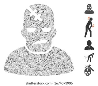 Collage basado en el icono del paciente neurológico. El paciente de neurología vectorial mosaico se compone de puntos de guiones aleatorios. Se agregan iconos de bonificación.