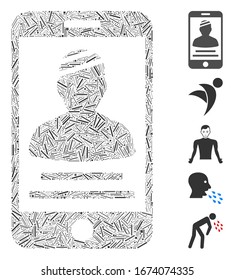 Collage Dash basado en el icono del móvil del paciente. El móvil del paciente vector mosaico está diseñado con puntos de guión aleatorios. Se agregan iconos de bonificación.