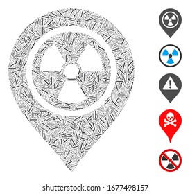 Dash Collage based on radioactive marker icon. Mosaic vector radioactive marker is composed with randomized dash elements. Bonus icons are added.