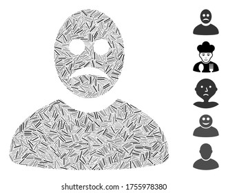 Dash Collage based on sad person icon. Mosaic vector sad person is created with scattered dash spots. Bonus icons are added.
